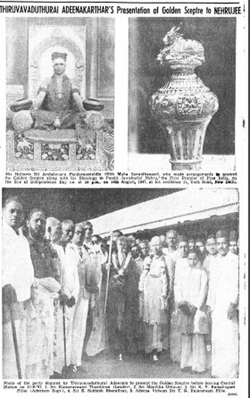  A photo feature on Thiruvaduthurai Adheenam’s presentation of the Sengol to the then Prime Minister, published in The Hindu on August 29, 1947 | Photo Credit: The Hindu Archives 